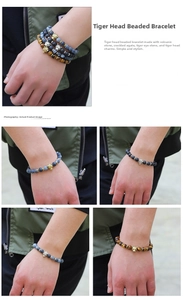 Detailed view of beaded bracelet with tiger head charm, volcanic stone, and tiger eye beads