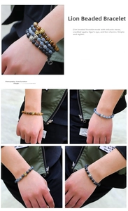 Detail view of lion head bead bracelets with lava stone, tiger eye and agate materials