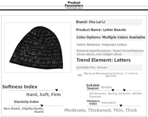 Detail view of cotton-polyester beanie showing 28cm height and 53-60cm head circumference