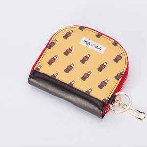 Cute yellow PU leather coin purse with High Calorie print and red zipper on white background