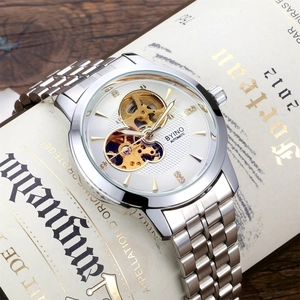 Silver automatic mechanical watch for men with skeleton dial on vintage bottle