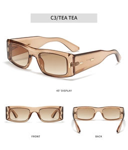 Drei Ansichten der quadratischen, teefarbenen Sonnenbrille von vorne, hinten und im Winkel