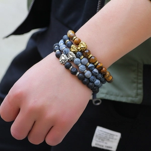 Men's fashion bracelet set with lava rock, tiger eye beads and golden lion head charms