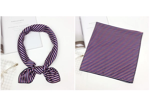 Detail showing red, blue, and white striped satin scarf in folded and flat layouts