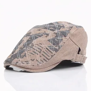 Vintage Cotton Flat Cap For Men Graffiti Print Checkered Beret Hat With Adjustable Metal Buckle British Style Ivy Cap