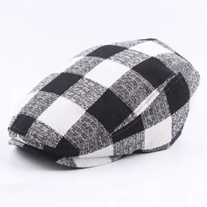 Retro Plaid Ivy Cap Cotton Blend Breathable Adjustable Flat Cabbie Hat For Men Women