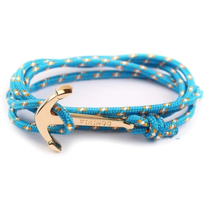 Blue nautical nylon rope bracelet with golden anchor clasp featuring Vikings engraving