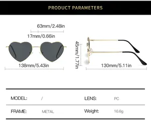 Detailed size chart for heart-shaped metal sunglasses showing dimensions and PC lens specs