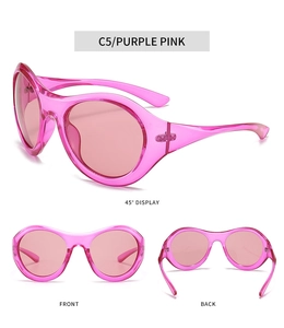 Detailed views of purple pink translucent Y2K sports sunglasses from multiple angles