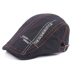 Men Beret Flat Cap Canvas Cotton Adjustable Metal Buckle Letter Embroidery Retro British Style Vintage Outdoor Newsboy Hat