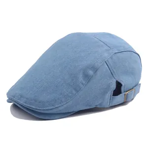 Washed Denim Beret Cap For Men Women Adjustable Metal Buckle Retro Flat Ivy Hat Outdoor Sun Protection Casual Vintage