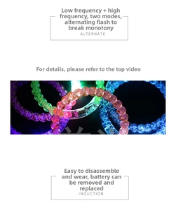 Detailed view of colorful LED acrylic bracelets with high and low frequency flash modes
