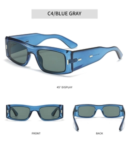 Detaillierte Mehrwinkelansicht der blauen rechteckigen Sonnenbrille mit Goldakzenten