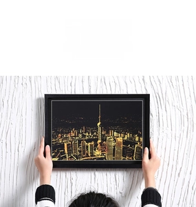 Detail of minimalist black frame showing a gold skyline of Shanghai city on black background