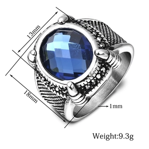 18MM vintage French style stainless steel ring with blue sapphire and size labels