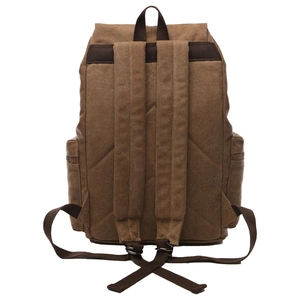 Vintage brown canvas backpack with wide shoulder straps and durable stitching details