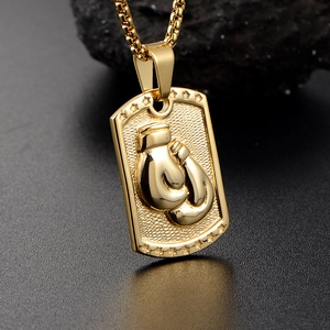 Men's gold-plated boxing gloves pendant necklace with box chain and star accents