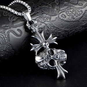 Vintage 316L stainless steel gothic cross skull and rose pendant necklace for men