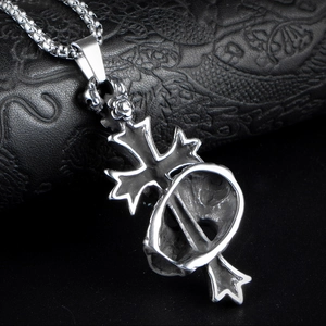 Gothic cross necklace with skull and rose pendant in silver stainless steel finish
