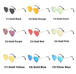 Grid display of heart shaped sunglasses in various lens colors with metal frames
