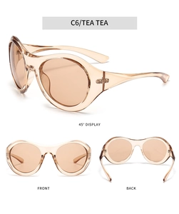 Three-view layout of tea-colored Y2K sunglasses showing front, back and 45-degree angles
