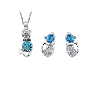 Silver cat jewelry set featuring blue crystal necklace and matching stud earrings
