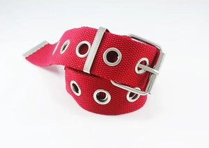 Detail of red canvas belt with double row metal eyelets and silver buckle