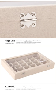 Macro detail of metal hinges and 24-grid layout of the beige jewelry organizer box