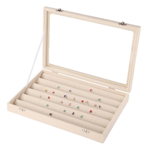 Beige velvet jewelry box with glass lid for earring storage and display organizer