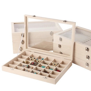 Velvet Jewelry Box Organizer Transparent Glass Lid For Rings Necklaces Earrings Storage Display Case Beige