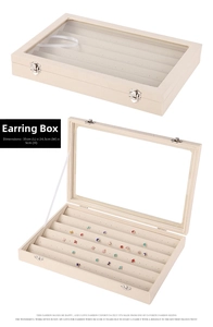 Cream jewelry box for earrings with transparent lid and dimensions 35x24.5x5cm