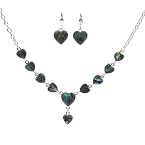 Vintage heart jewelry set with iridescent shell necklace and earrings in silver metal