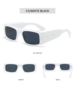 Detailsicht der weißen quadratischen Sonnenbrille mit schwarzen Gläsern und Goldakzenten