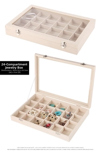 Detail view of a 24-grid jewelry organizer box with a clear lid measuring 35x24.5x5cm