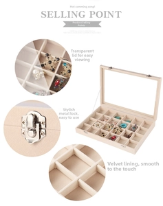Detail view of 24-grid jewelry box with clear glass lid and soft velvet interior