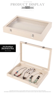 Beige 18-hook necklace display box with clear glass lid and metal buckles 35x24.5x5cm