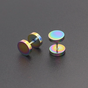 Rainbow plated titanium steel barbell stud earrings featuring round flat disc design