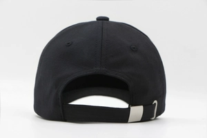 Detail view of black breathable baseball cap with adjustable silver metal buckle