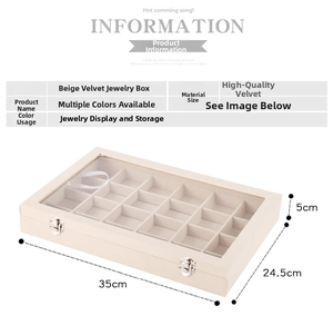Detailed view of beige velvet jewelry box with glass lid and 35x24.5x5cm dimensions