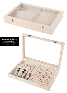 Detail view of large jewelry organizer with clear lid and necklace hooks, 35x24.5x5cm