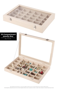 30-grid beige PU leather jewelry box with clear lid and metal buckles showing storage capacity
