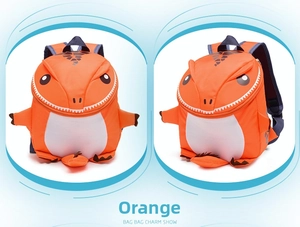 Detail of an orange cartoon dinosaur backpack with 3D features and blue shoulder straps