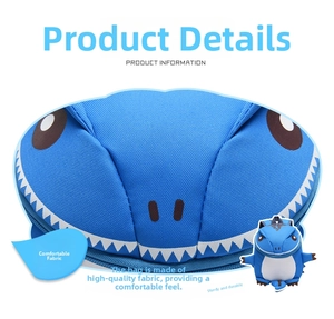 Close-up of blue cartoon dinosaur backpack showing breathable mesh fabric and neat stitching