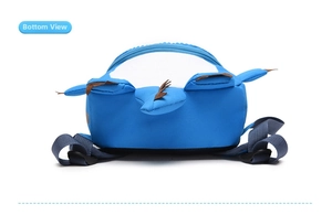 Detailed bottom view of blue cartoon dinosaur backpack showing durable fabric and 3D claws