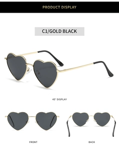 Three-angle product display of heart-shaped sunglasses in gold black frames