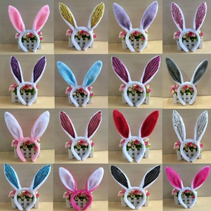 Plush sequin bunny ear headbands in various colors for Easter and Halloween parties