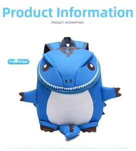 Front view of a blue 3D cartoon dinosaur backpack for toddlers with white belly and brown fins