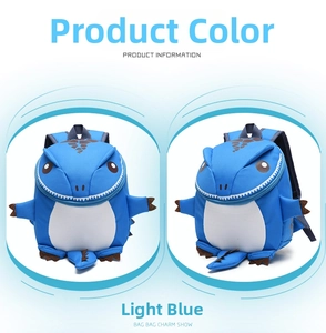 Detail view of the light blue dinosaur toddler backpack with 3D spine and claw design
