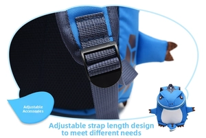 Detail of adjustable shoulder strap buckle on the blue cartoon dinosaur backpack