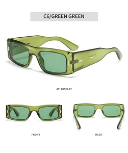 Drei-Ansichten-Display einer dunkelgrünen rechteckigen Sonnenbrille mit Goldakzenten